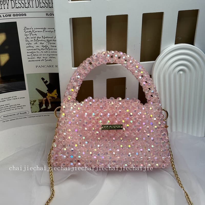 Winter Premium Beaded Handbag Pink Dreamy Iridescent with Inner Pocket Chain Crossbody Bag Tote Bag Wholesale