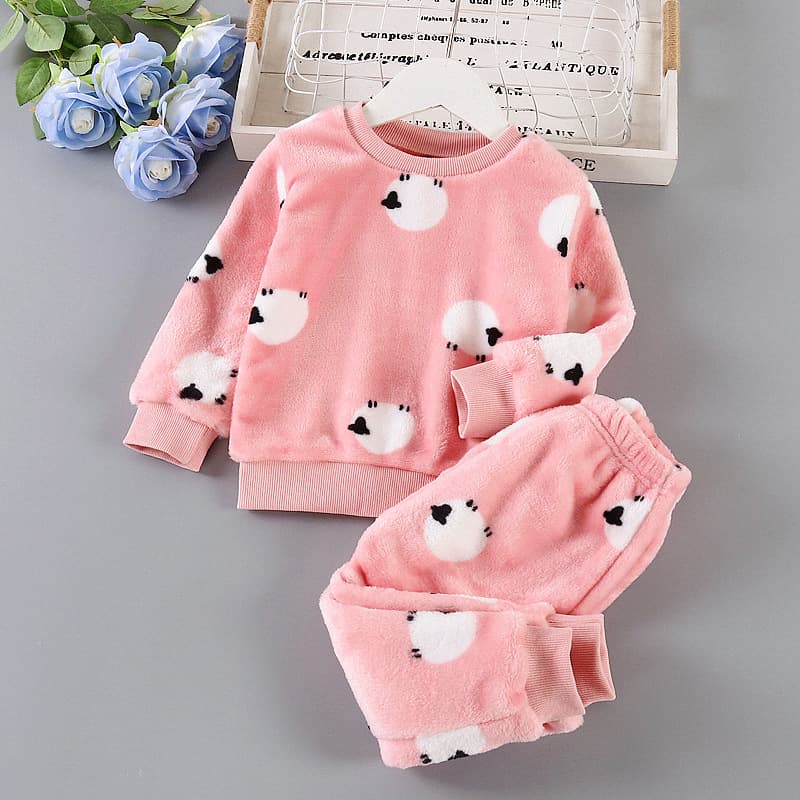 Children's Flannel Warm Suit, Boys' and Girls' Winter Pajamas, Baby's Thickened Home Clothes Two-Piece Set
