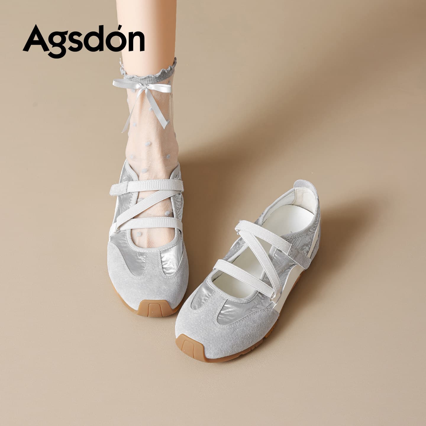 Augu Shiden Sports Mary Jane Shoes for Women 2026 New Summer Slip-On Lightweight Silver Ballet Trainers