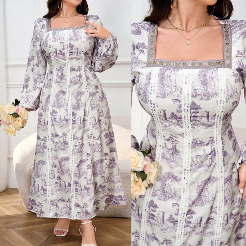 In Stock 2025 Spring/Autumn New Arrival Niche Design Chinese Style Patchwork Print Fitted Flared Square Neck Dress
