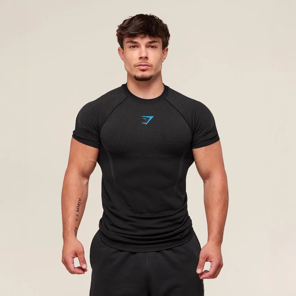 UK Gymshark Shark Onyx 5 Long-Sleeve Training Top, Quick-Dry Breathable Stretch Short-Sleeve T-Shirt