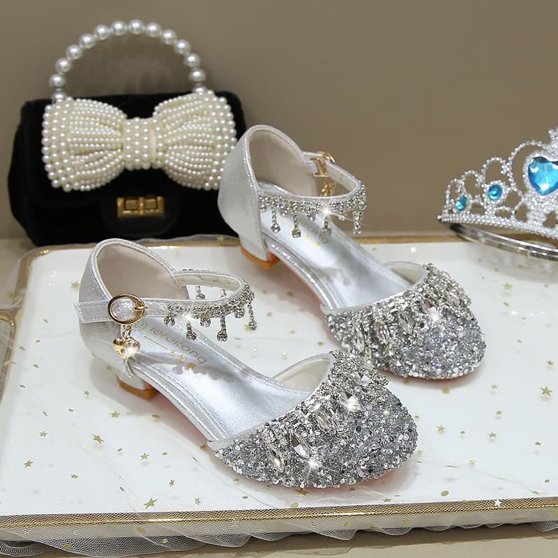 Girls' High-Heel Princess Shoes, Little Girl Dress Crystal Shoes, Soft-Sole Silver Children's Runway Performance Leather Shoes