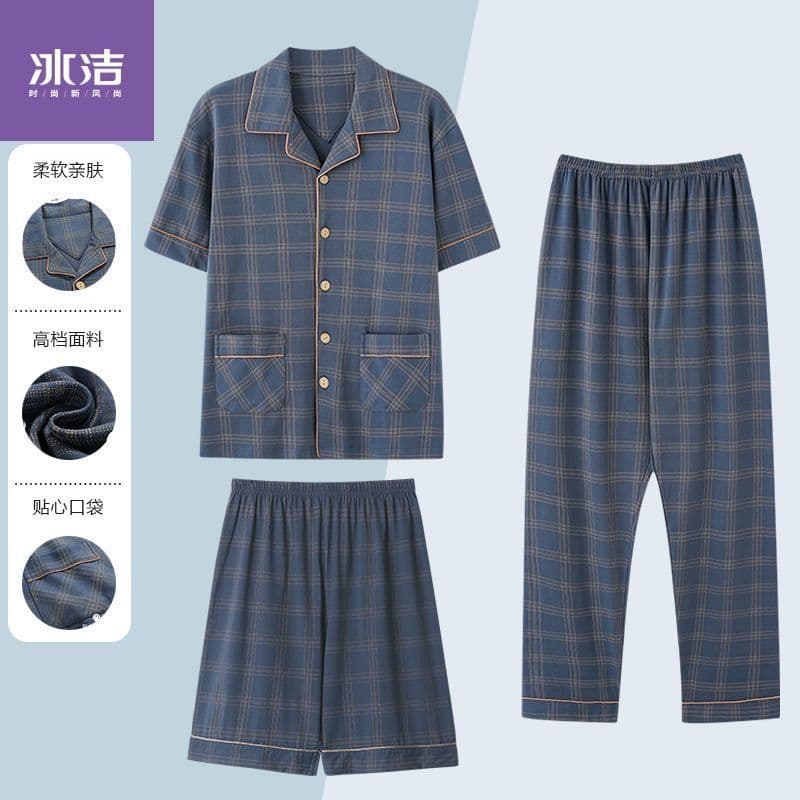 Pajamas 100% cotton men's summer cardigan short-sleeved shorts trousers three-piece set thin large size home wear set