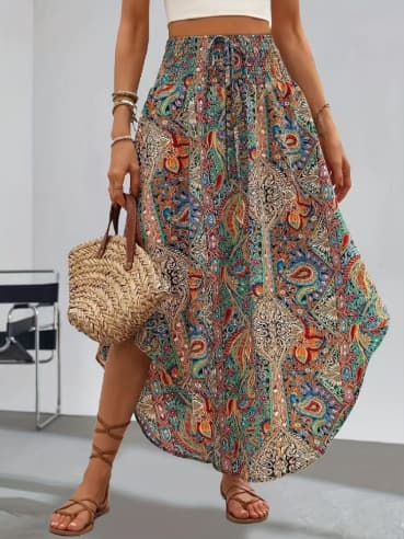 Amazon US and EU New Bohemian Ethnic Style Printed A-Line Skirt Casual Versatile Half Skirt