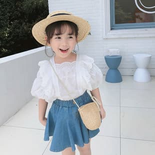 Children's Clothing 2025 Summer New Korean Style Girls Lace Bell Sleeve Shirt + Short Skirt Stylish Fashion Kids Set