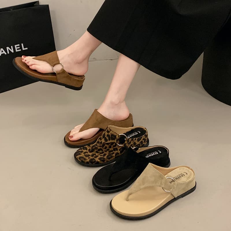 Fashion European and American Style Toe-Post Wedge Casual Slippers for Women, Vintage Flat Beach Round-Toe Thong Sandals