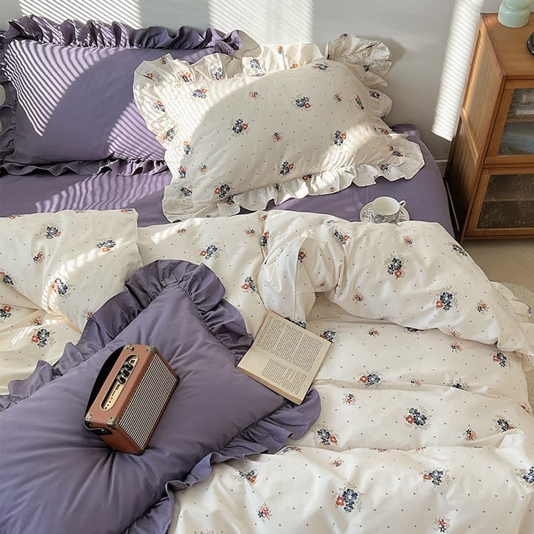 100% Cotton Bedding Set 4-Piece Princess Style Dormitory Bed Sheet Fitted Sheet Quilt Cover Set for Women