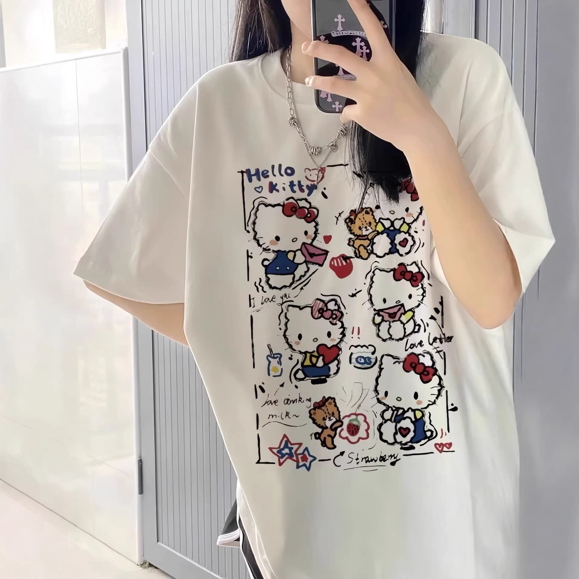 HelloKitty Short Sleeve T-Shirt for Female College Students 2026 New Style Loose Fit Pure Cotton Half Sleeve Top for Middle and High School Students