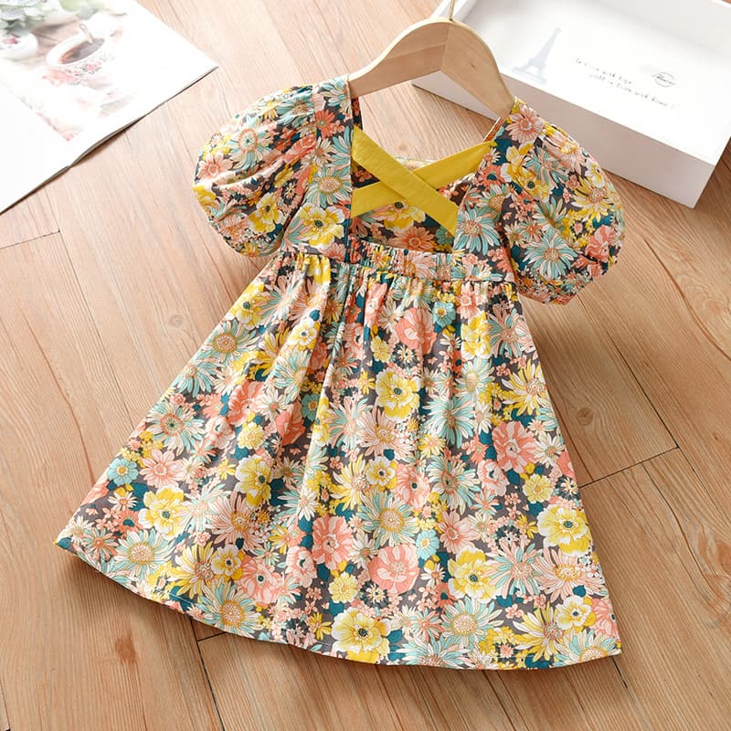 Girls Summer Dress Children's Stylish Floral Print Cotton Princess Dress Drop Shipping