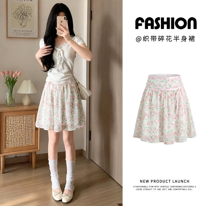 Ballet style fresh and sweet floral skirt for women chiffon bow skirt high waist slim lace princess skirt