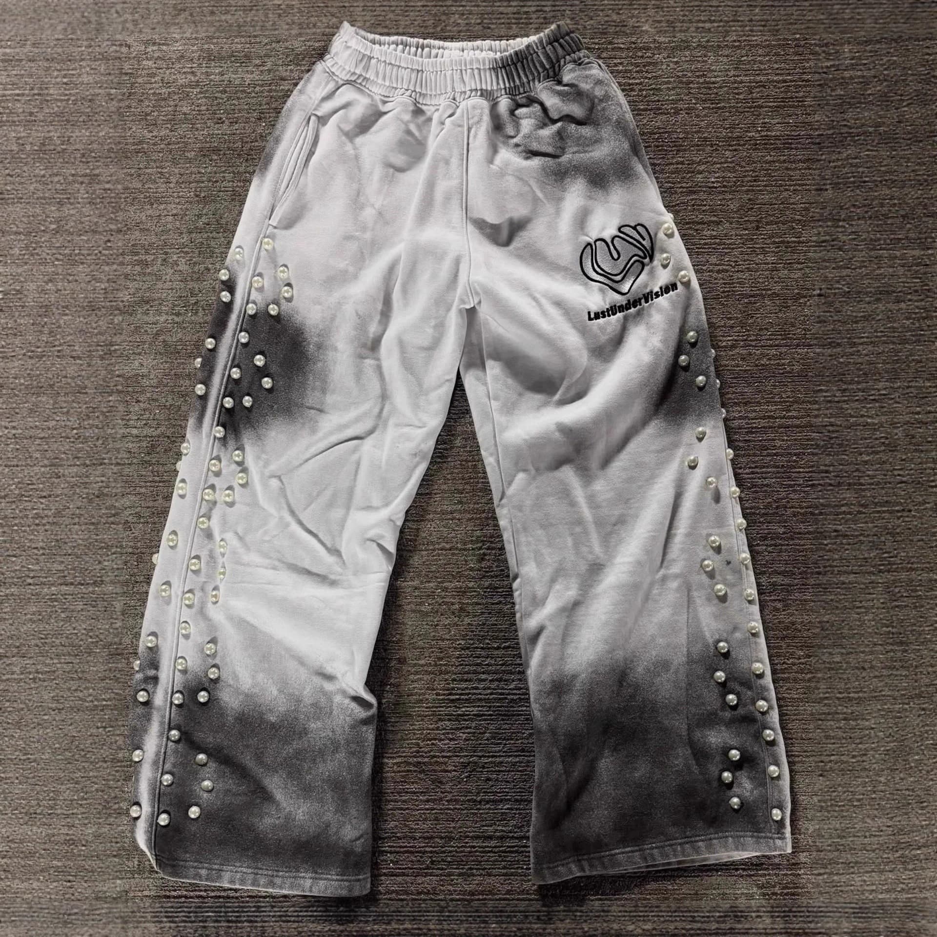 Distressed retro design trendy loose casual pants beaded hip-hop style personalized high street versatile printed sweatpants