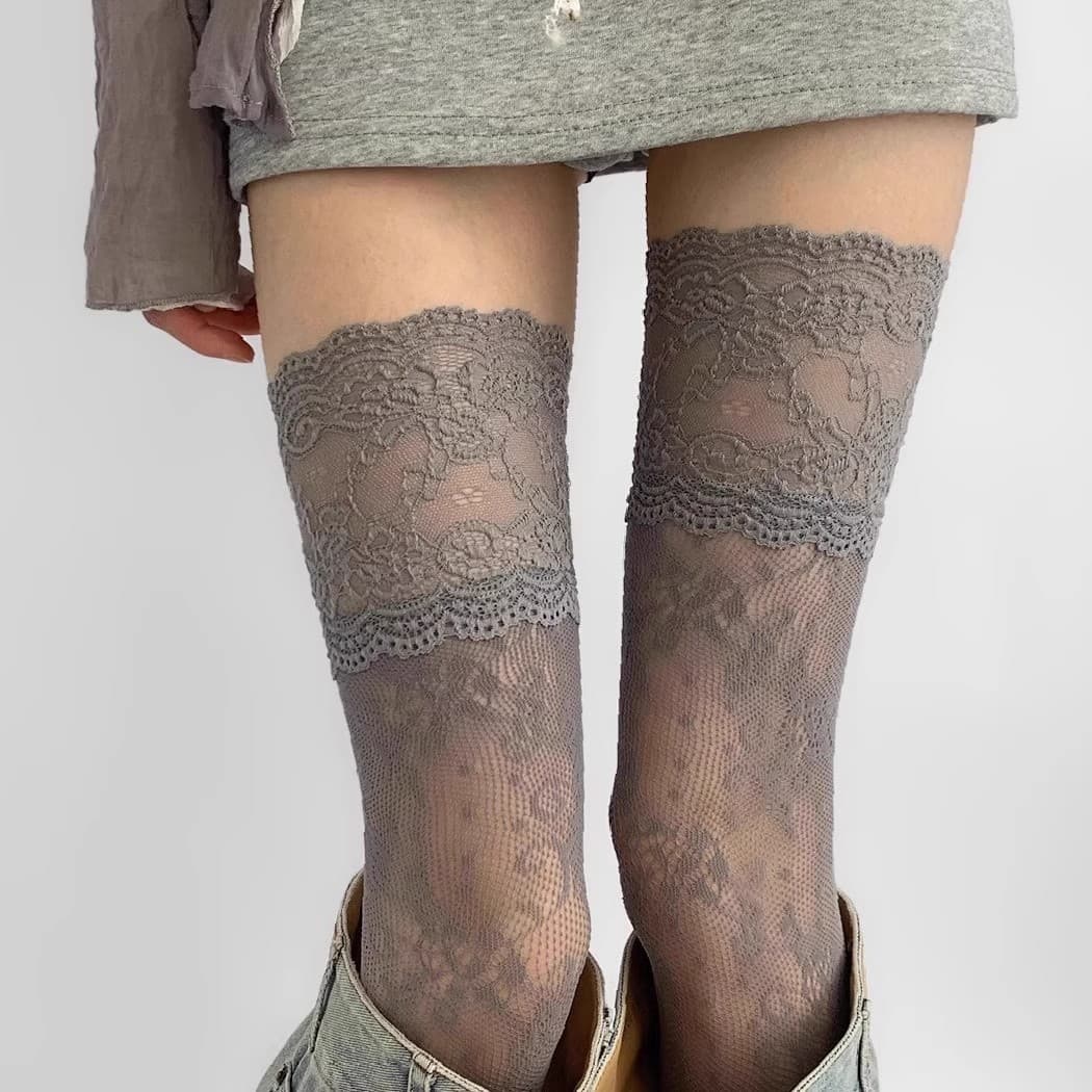 Spring and Summer Sweet Girl Japanese JK White Over-the-Knee Long Socks Lace Trim Sexy Hollow Ultra-Thin Japanese Style