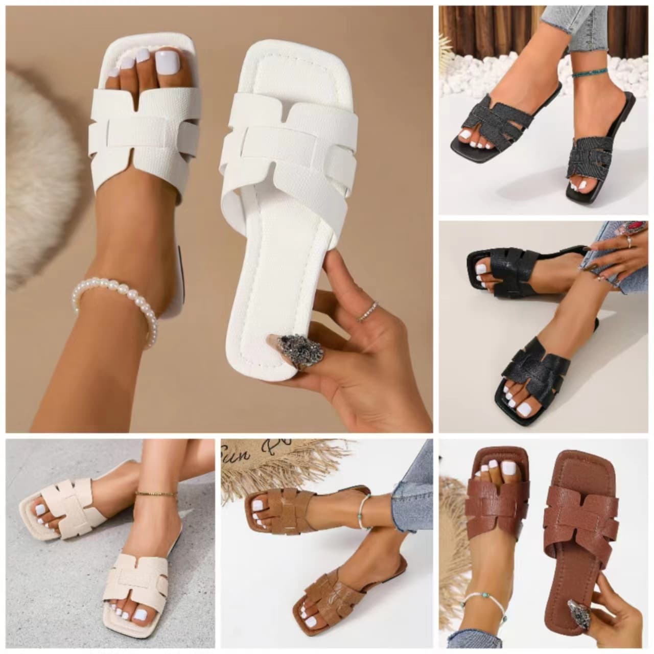 Korean Style Solid Flat Slippers for Women, European and American Export Square Toe Breathable Slip-On Home Slippers
