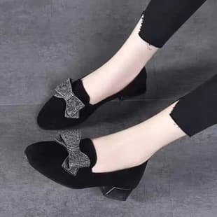 2026 Spring New Mid-Heel Bow Leather Shoes Soft Leather Flats Versatile Chunky Heel Women's Shoes Mother Shoes