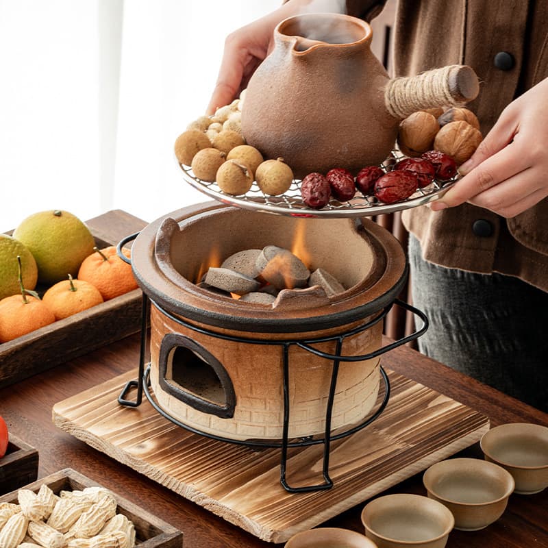 Tea brewing set with teapot, fire pit, charcoal stove, and roasting jar; outdoor tea brewing gift box.
