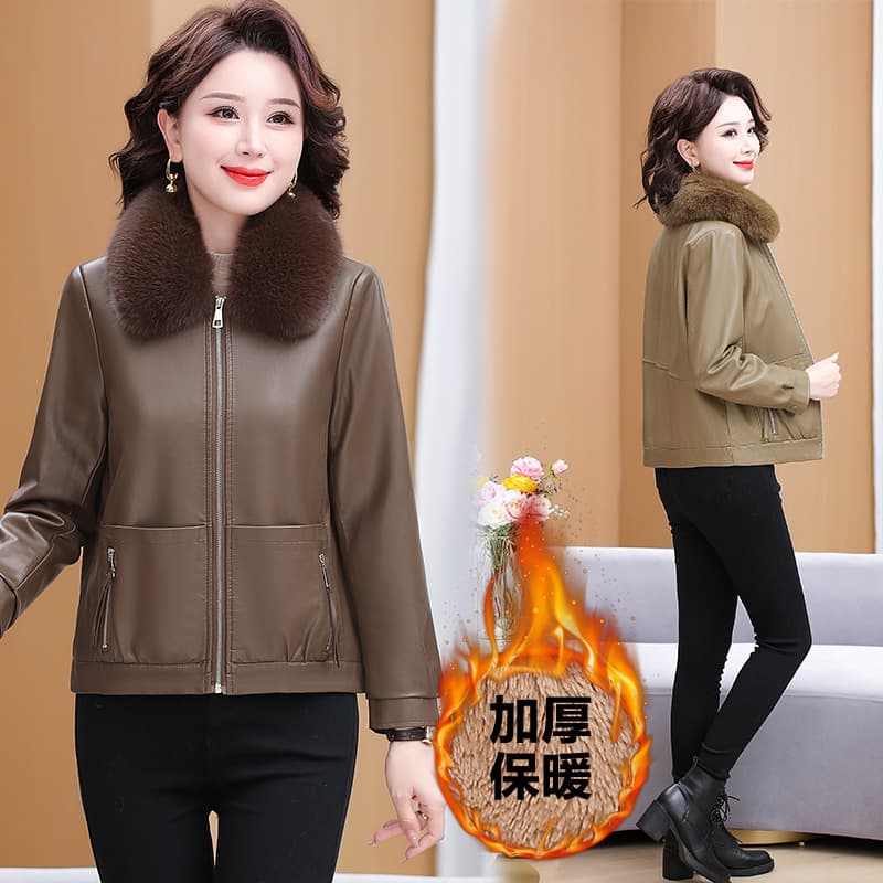 Mom's Pu Leather Jacket, Petite Short Jacket with Fur Collar, Fleece-Lined, Thickened, Warm Leather Jacket, Middle-Aged Women's Cotton Coat