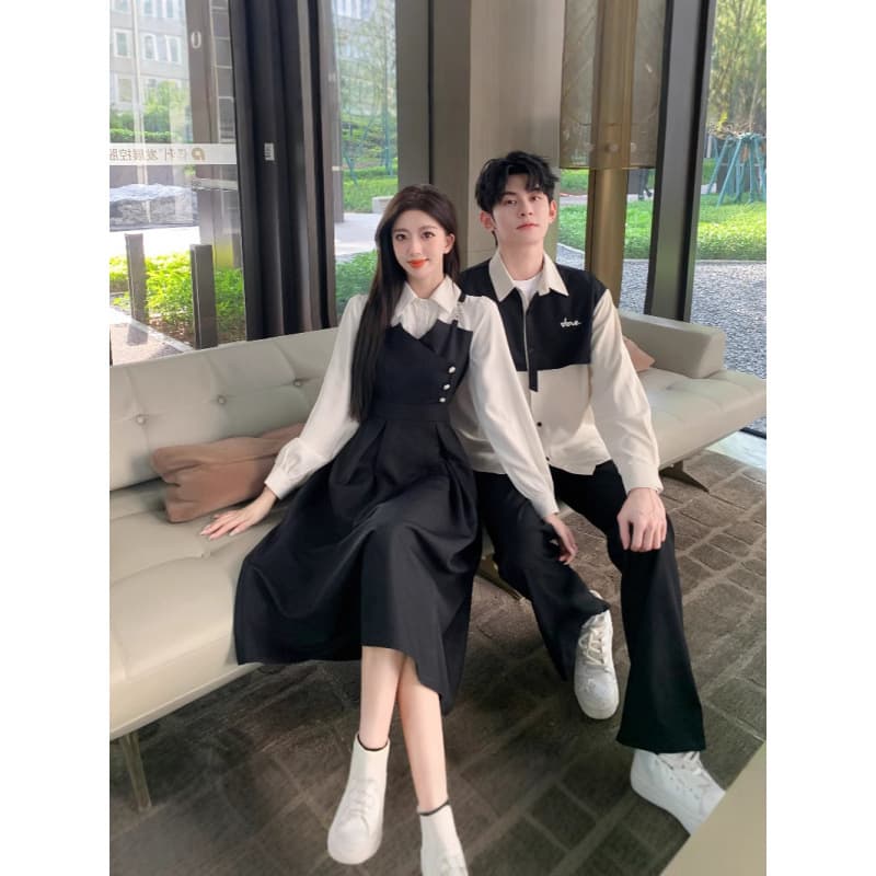 Fashionable Couple Outfit Summer Faux Two-Piece Patchwork Spring/Autumn New Teacher Interview Slimming Elegant Long Dress