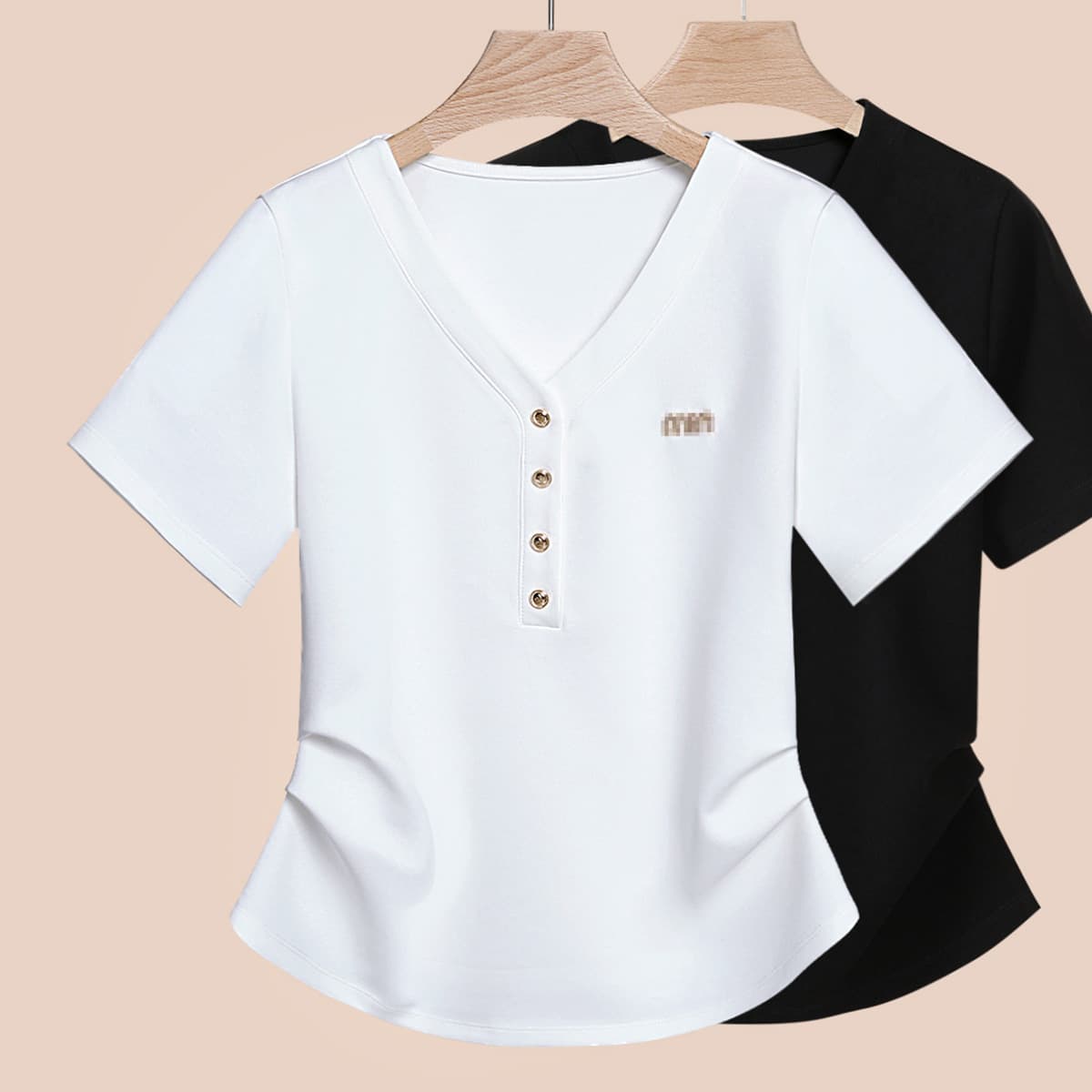 Women's White T-Shirt 2026 Summer New Design V-Neck Irregular Curved Hem Korean Style Short Sleeve Top