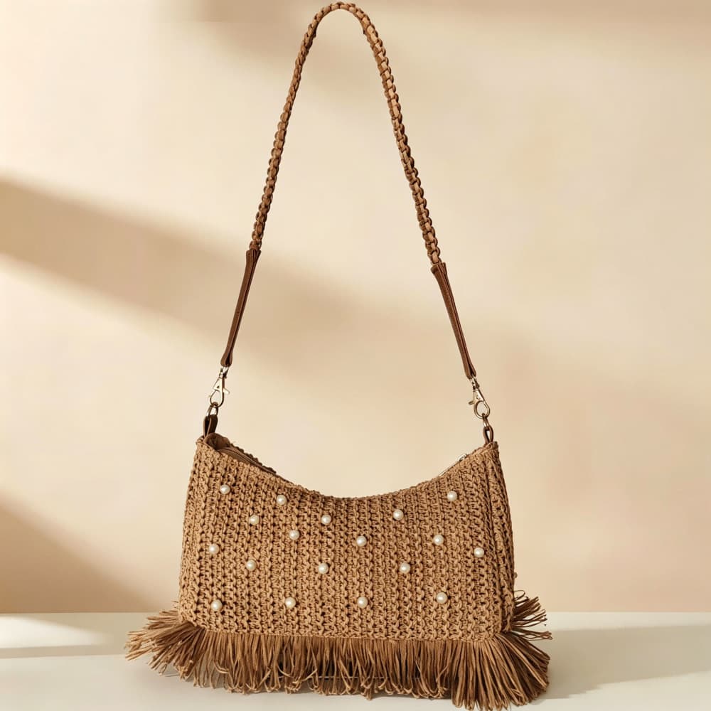 Retro Brown Tone Pearl Tassel Straw Bag Summer Versatile Woven Bag Casual Vacation Beach Shoulder Messenger Bag