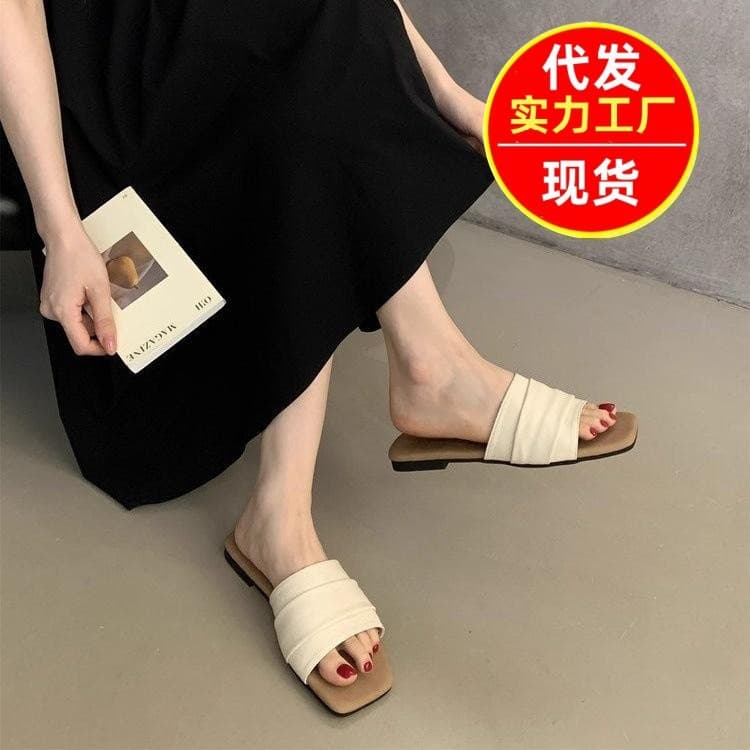 2026 Korean-style Pleated Soft Leather Summer Flat Slide Sandals for Women, Beach Vacation Sandals, Slip-On