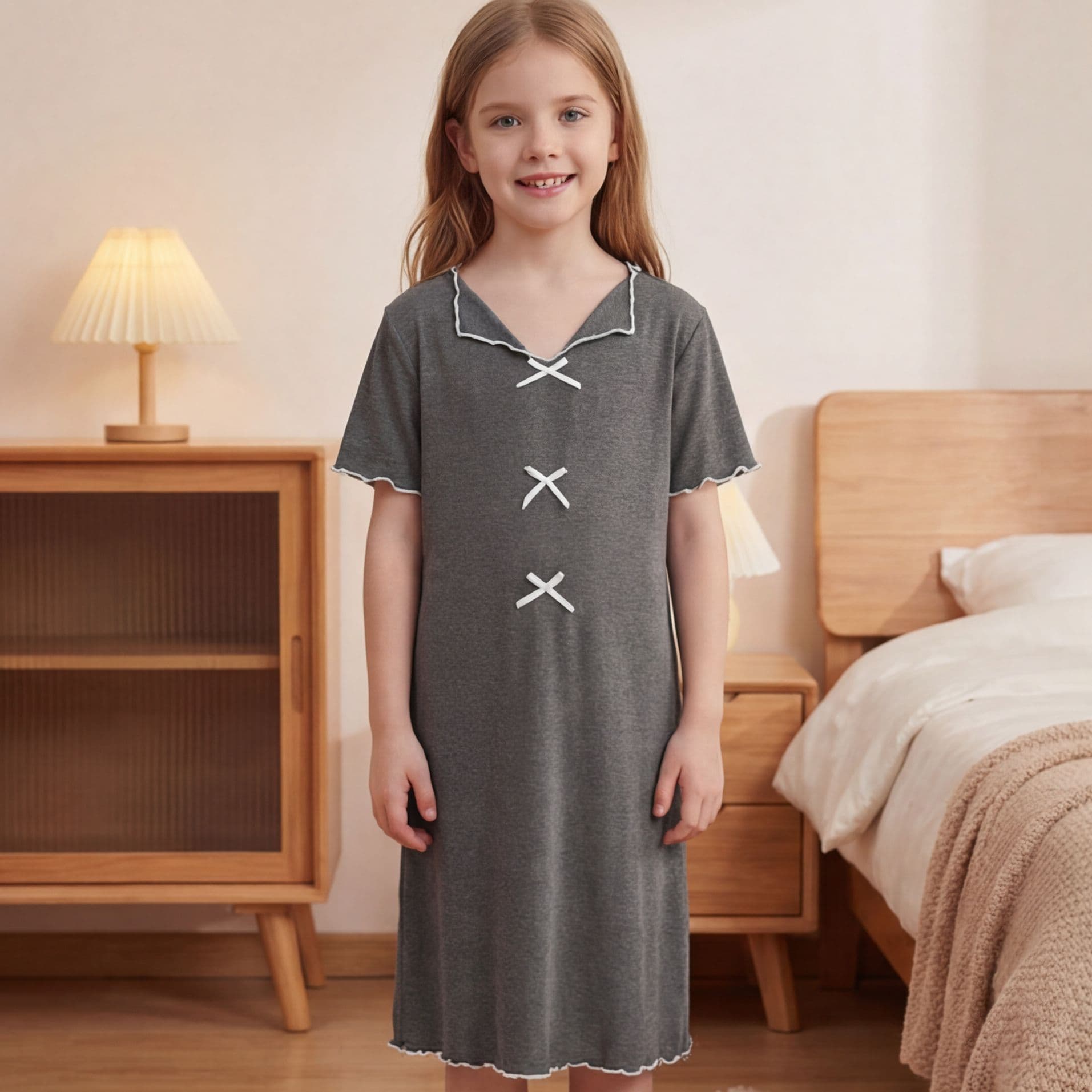 Amazon cross-border source medium and large children long robe nightgown simple solid color robe women long homewear casual pajamas
