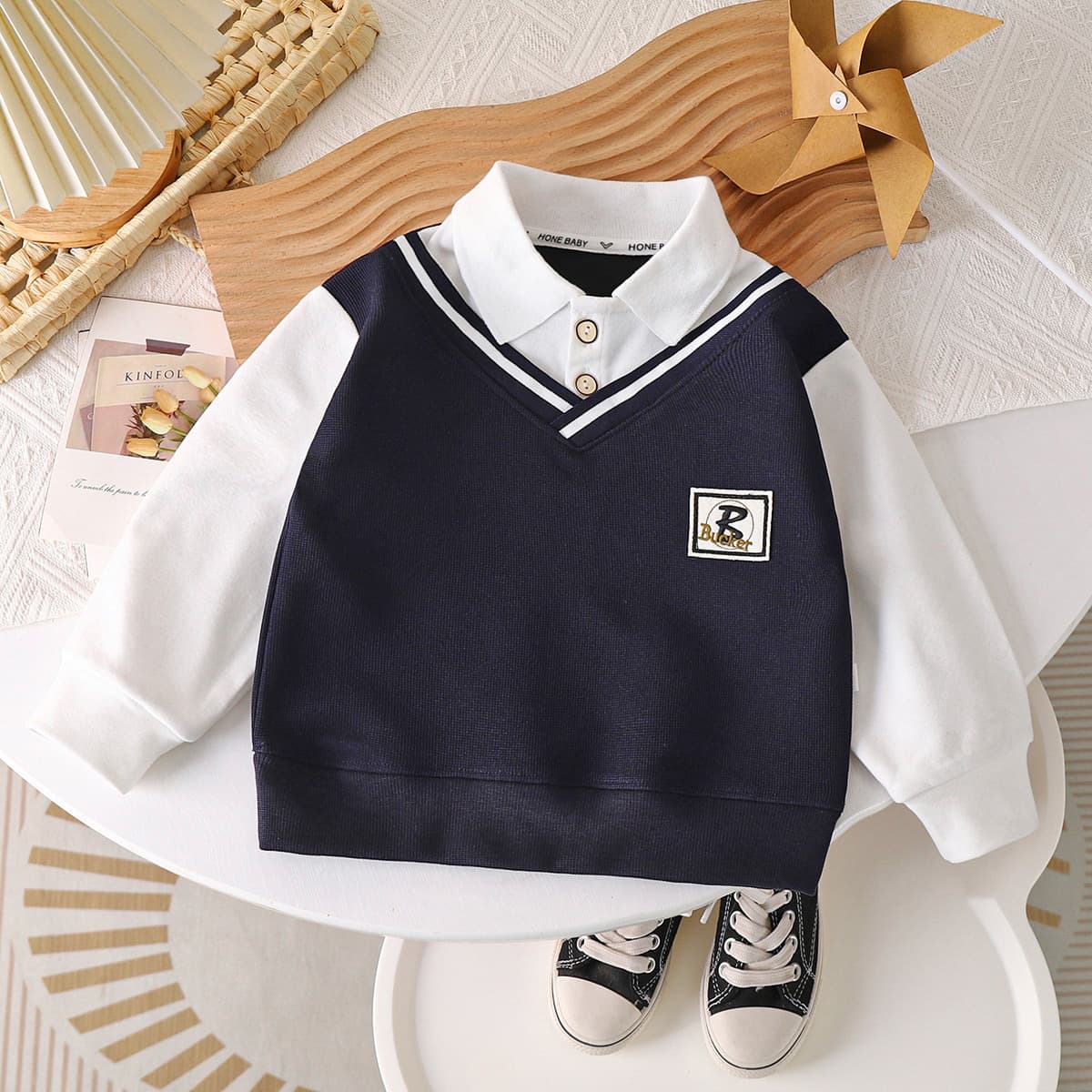 Boys' Turn-Down Collar Polo Shirt Spring New, Sweatshirt British Style Fake Two-Layer, Versatile Fashion for Older Kids