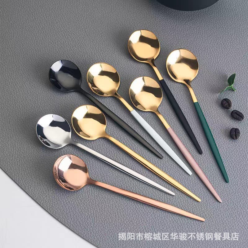 Stainless Steel Small Round Spoon Creative Gold Stainless Steel Stirring Spoon Long Handle Coffee Honey Dessert Spoon Mug Spoon