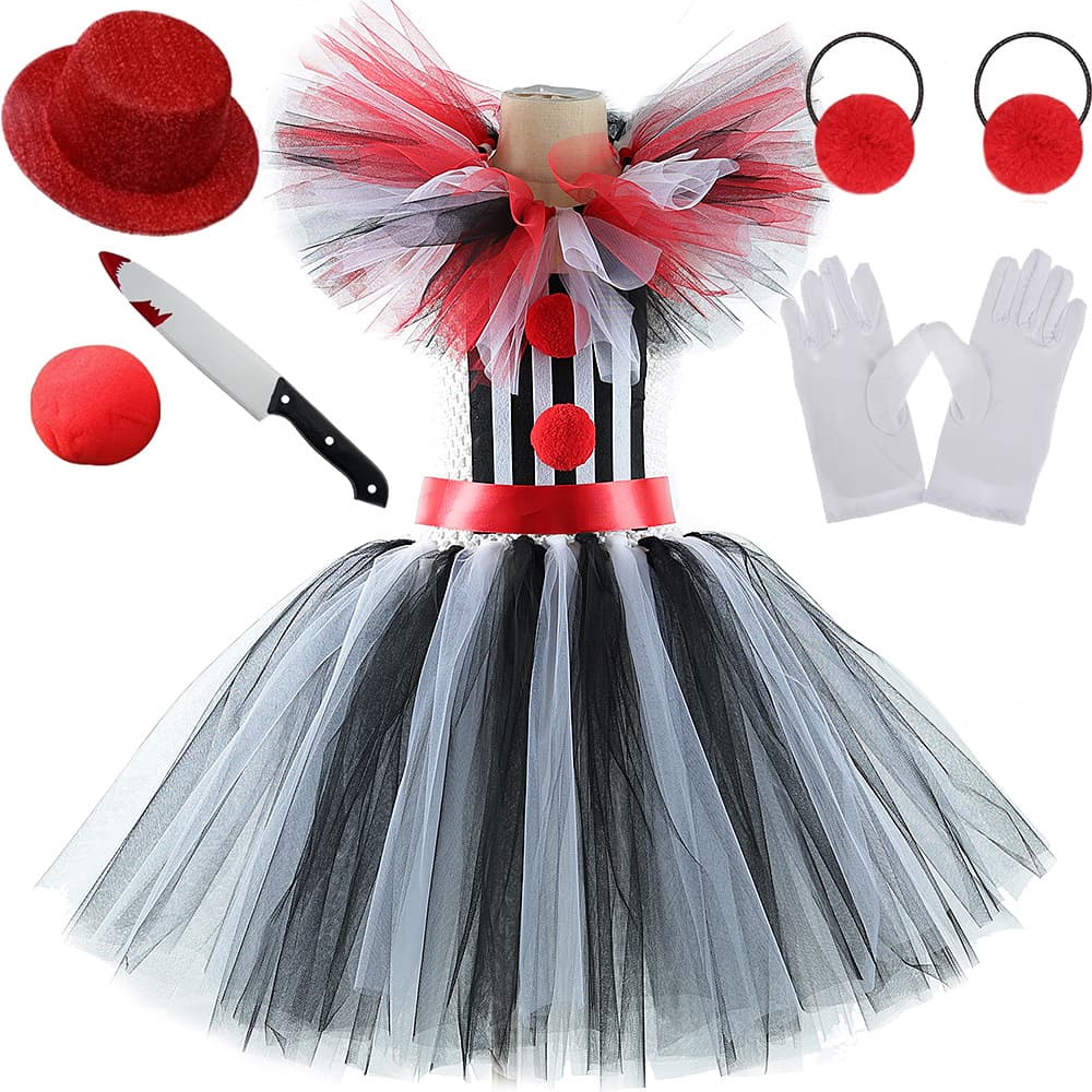 Black and White Soul-Dead Clown Dress Mesh Dress Children's Halloween Clown Cosplay Costume Tutu Skirt