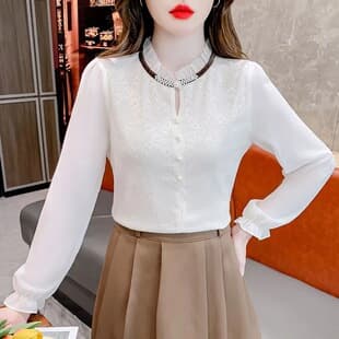 2026 French Style Spring/Autumn New Shirt Fashionable Top Age-Defying Long Sleeve Lace Blouse Chiffon Shirt for Women