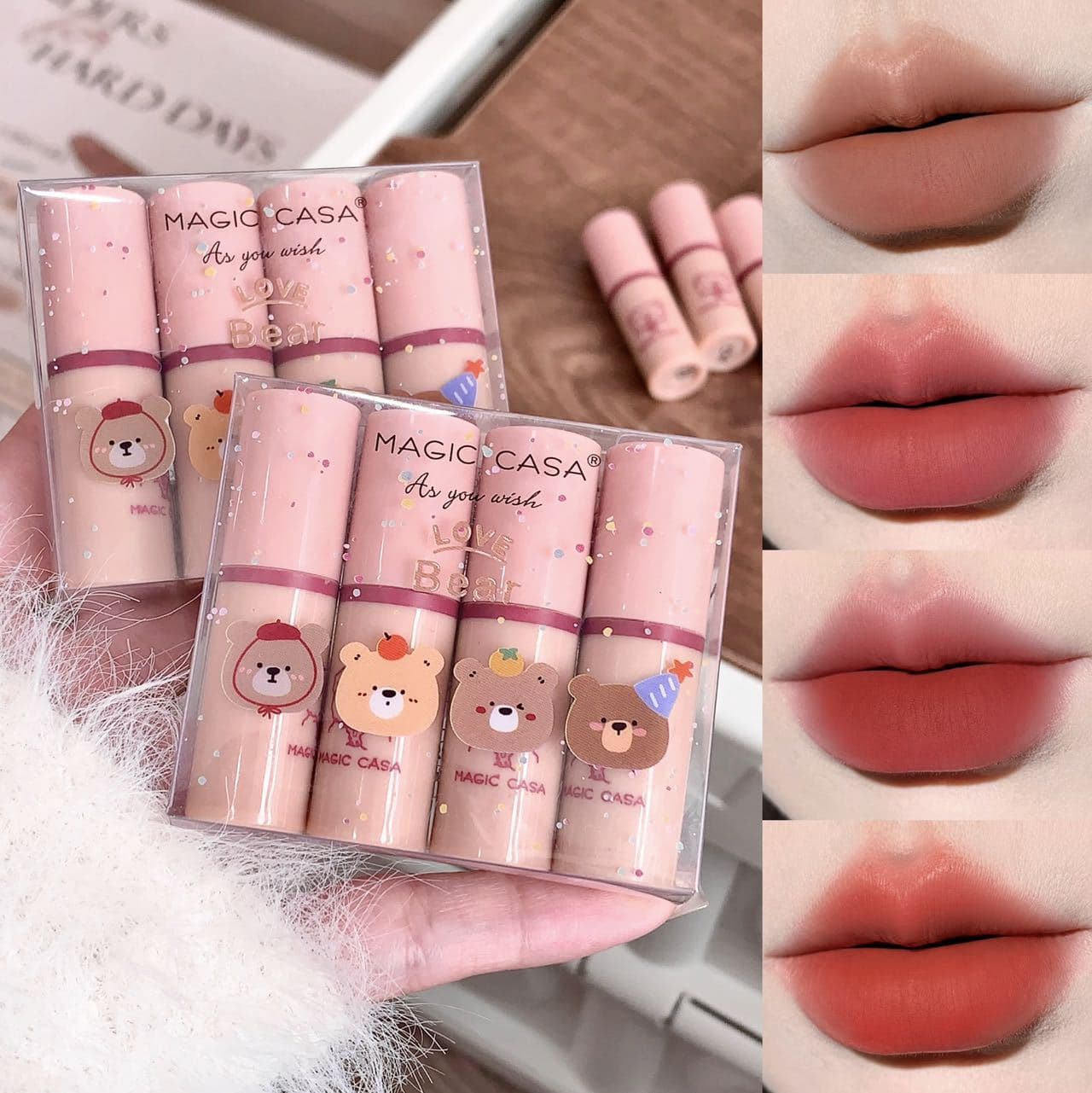 MAGIC CASA Mini Bear 4-Piece Set Lip Mud Matte Lip Gloss Velvet Brightening Lip Color