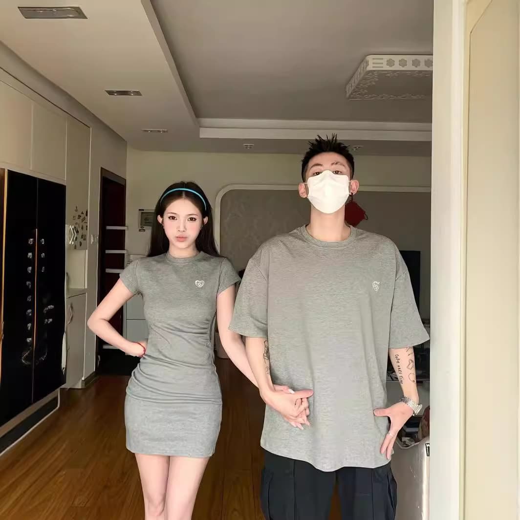 Pure Cotton Embroidered Summer Couple Dress Set: Short-Sleeved T-Shirt for Men, New Fashionable French Design