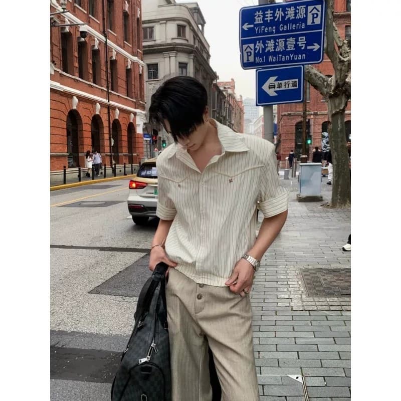 High-IQ New Money Style Vintage Striped Shirt for Men, Summer American Old Money Relaxed Preppy Casual Half-Sleeve Shirt