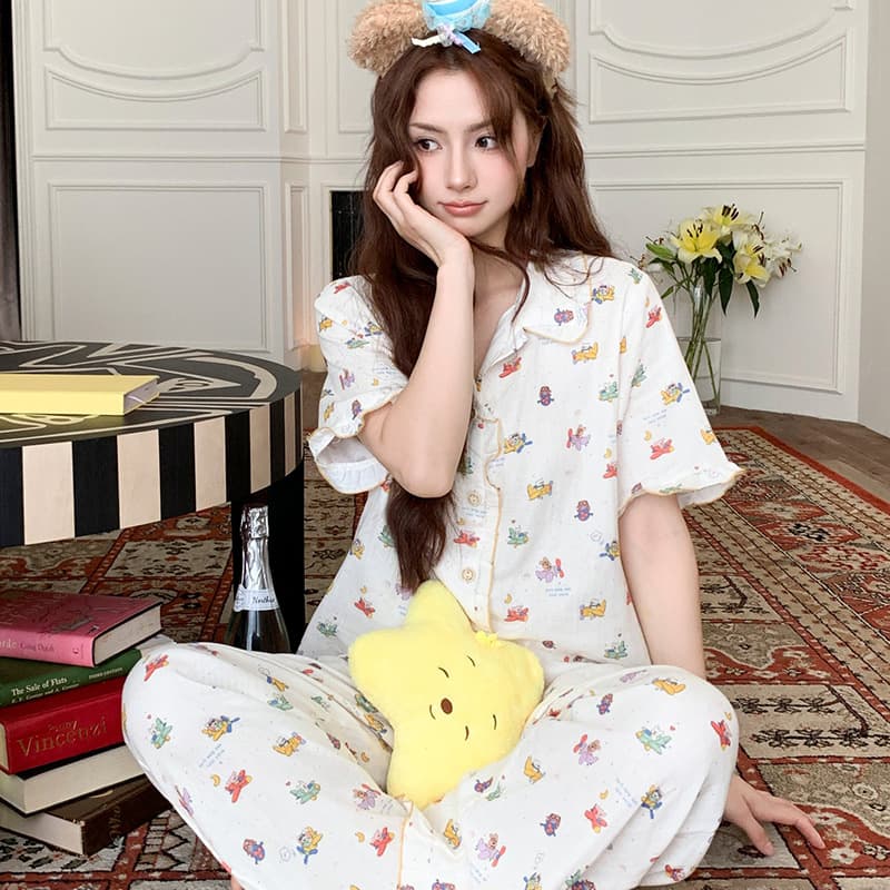 Factory Direct 2026 Spring New Ice Silk Pajamas for Women, Trendy Cartoon Influencer Fashion Loungewear Set