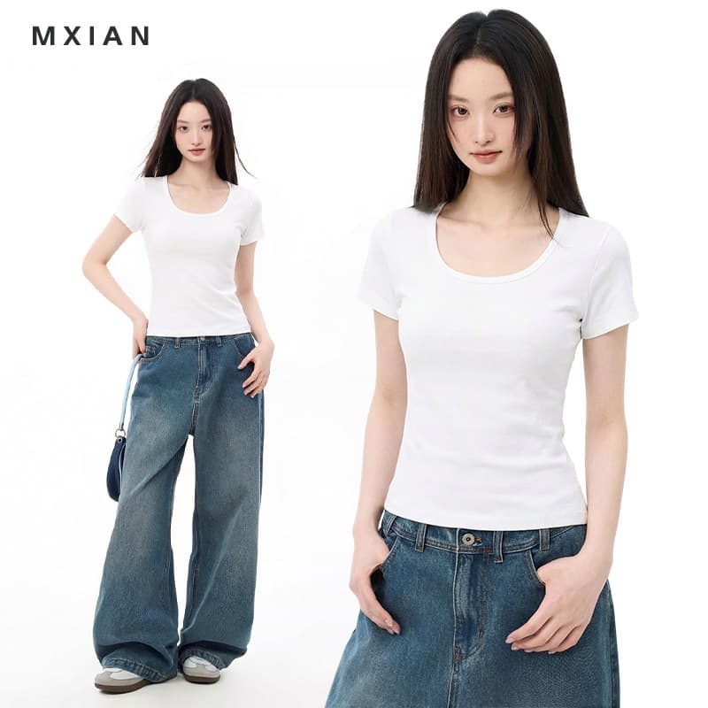 Regular Shoulder U-Neck Slim-Fit Short-Sleeve T-Shirt for Women, Summer Basic Versatile Slimming White Design Solid Cropped Top