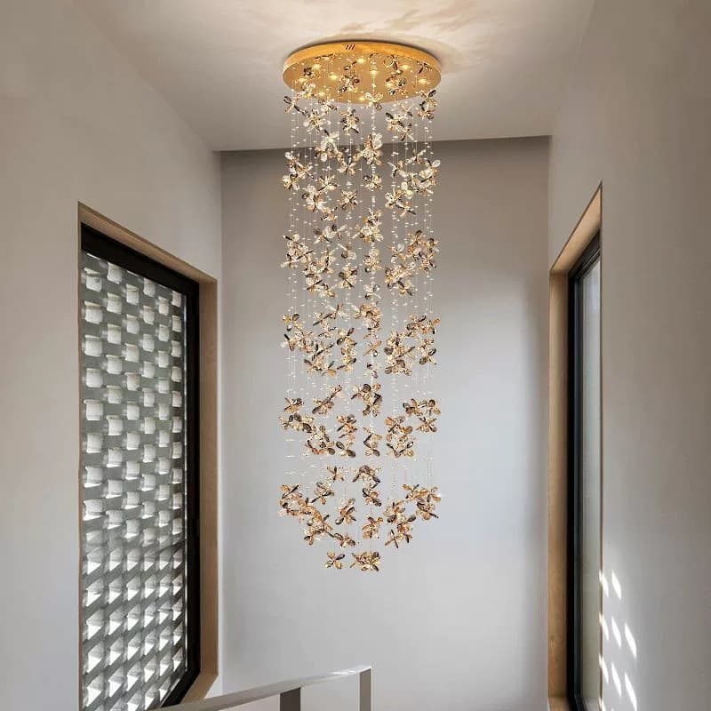 Duplex building modern simple crystal lamp villa light luxury crystal chandelier French butterfly crystal petal living room chandelier
