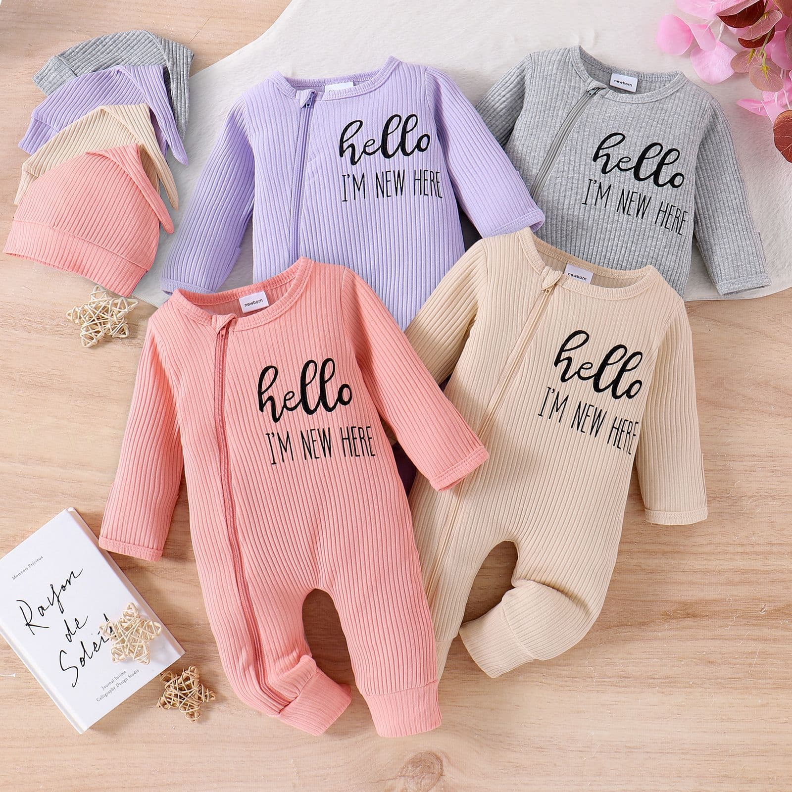 Amazon Fall/Winter Newborn Baby Romper Letter Print Long Sleeve Multi-Color Bodysuit with Hat