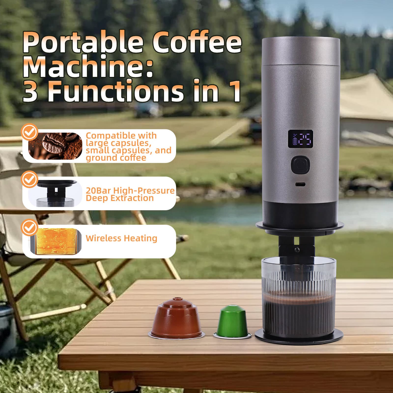 Portable Wireless Charging 3-in-1 Capsule Coffee Maker for Travel, Outdoor American Coffee Extractor