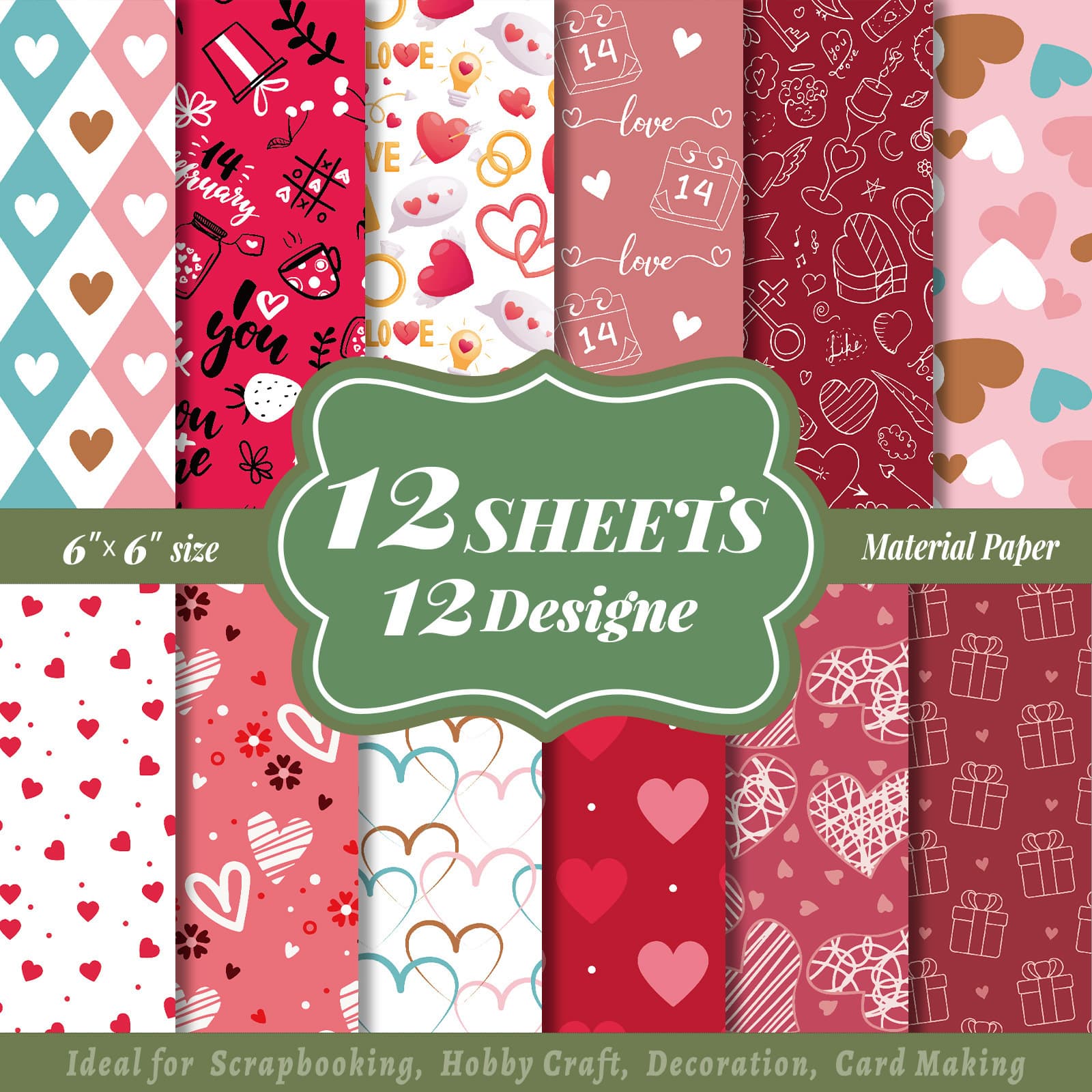 Hot Selling 12 Sheets/Bag Valentine's Day Red Heart Journaling Paper - DIY Photo Album Scrapbook Background Paper
