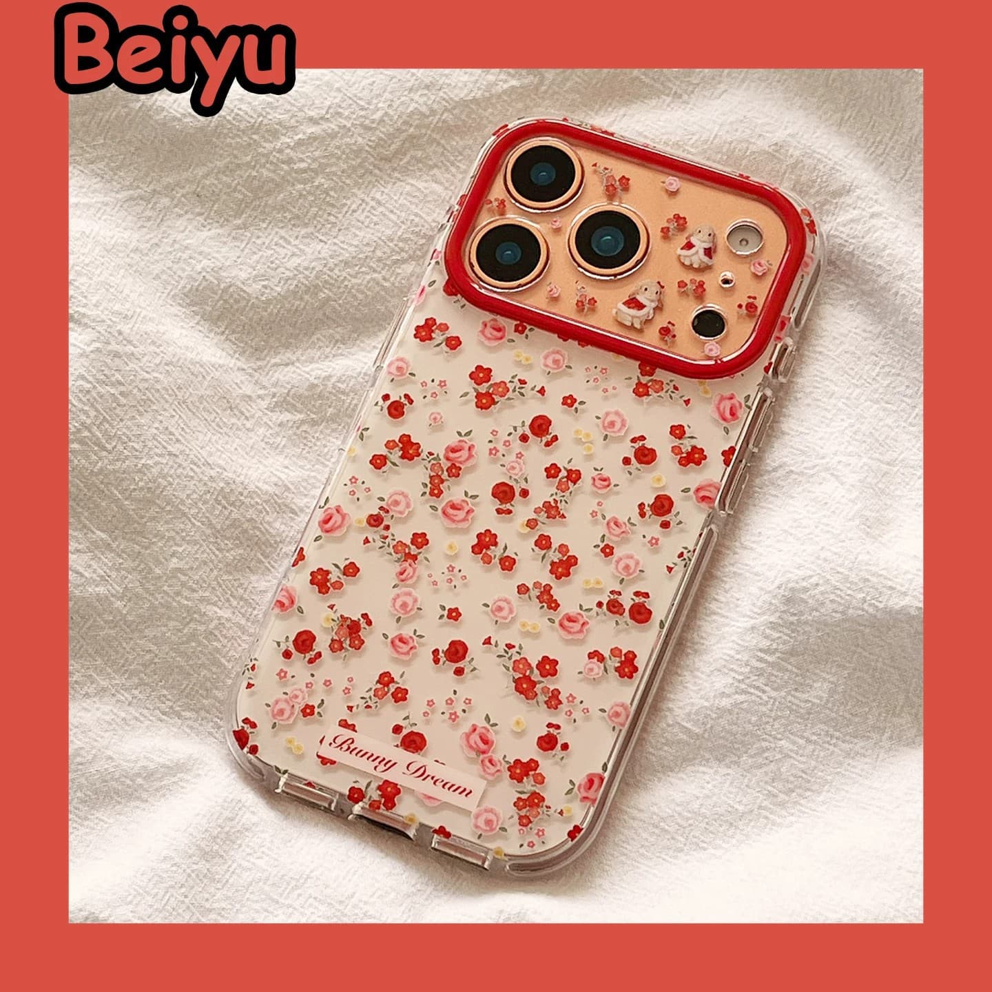Red Floral Rabbit Design Compatible with iPhone 16 Pro Max Case, iPhone 15 Plus Soft Case, iPhone 14, Fresh Style