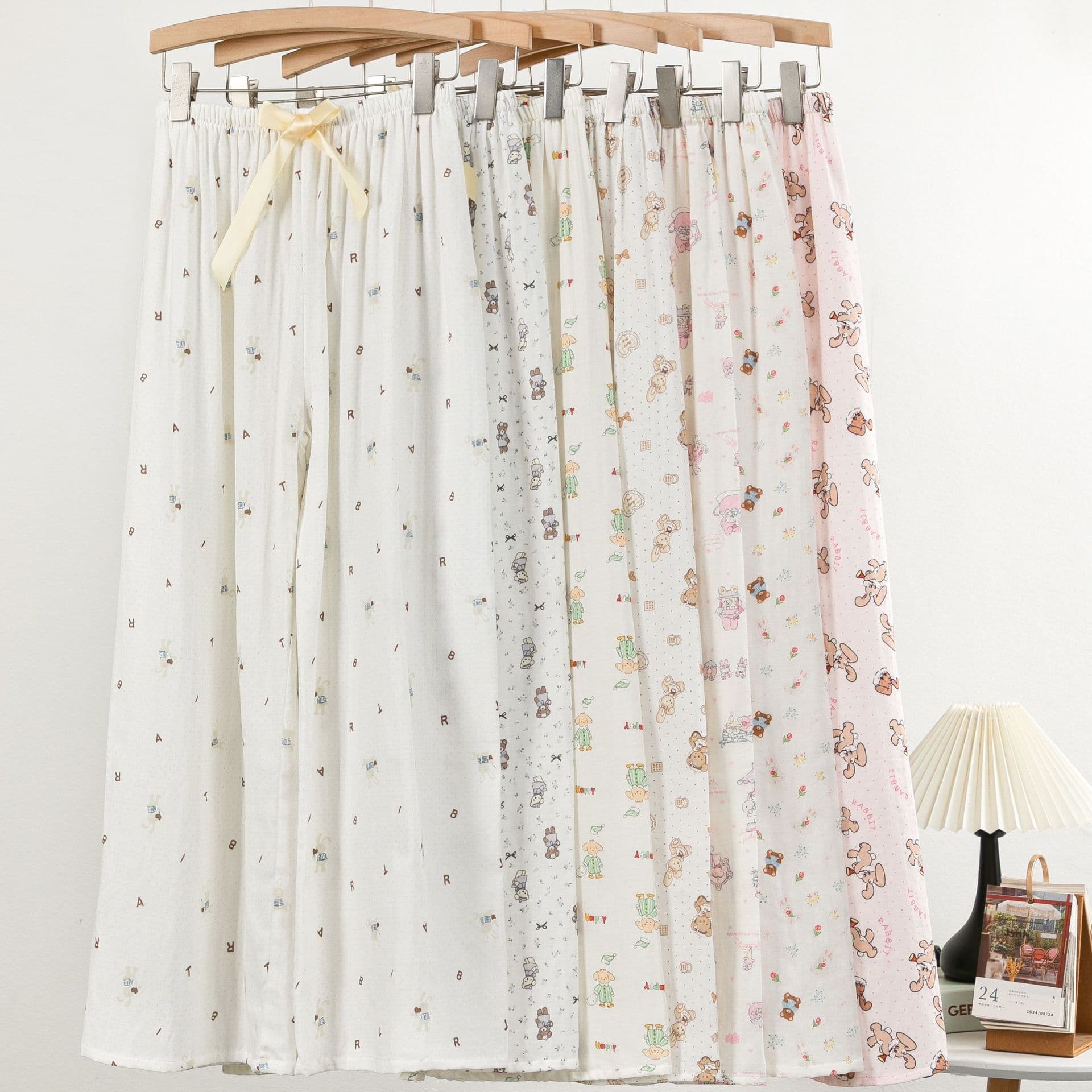 Pure Cotton Women's Summer Pajama Pants, New Floral Pattern, Plain Double-Layer Gauze Home Pants, Thin and Simple, Suitable for Outdoor Wear, Wide-Leg Long Pants