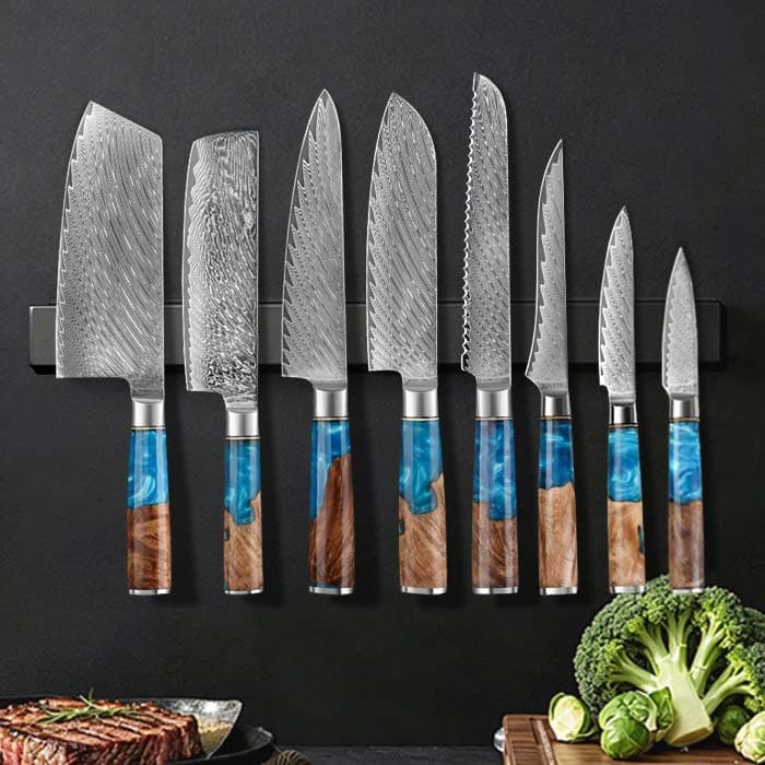 Factory Direct Damascus Kitchen Knife Set of 8, Ultra Sharp Chef Knife with Blue Resin Handle