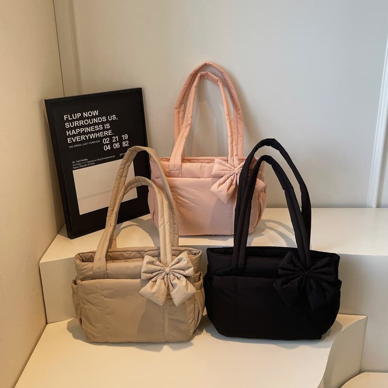 2025 New Autumn Winter Down Cotton Bow Women's Shoulder Handbag Large Capacity Versatile Fashion Tote Bag
