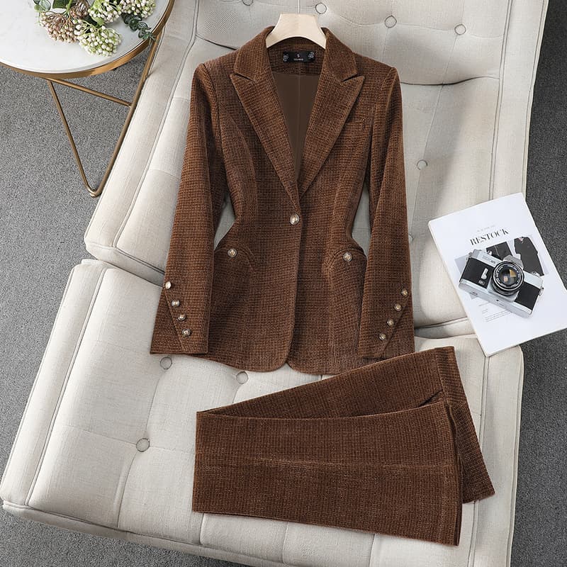 2025 Amazon Casual Fashion Wool Blazer Suit for Women Professional Outfit Cross-Border Trade Long Pants Suit Set 8981