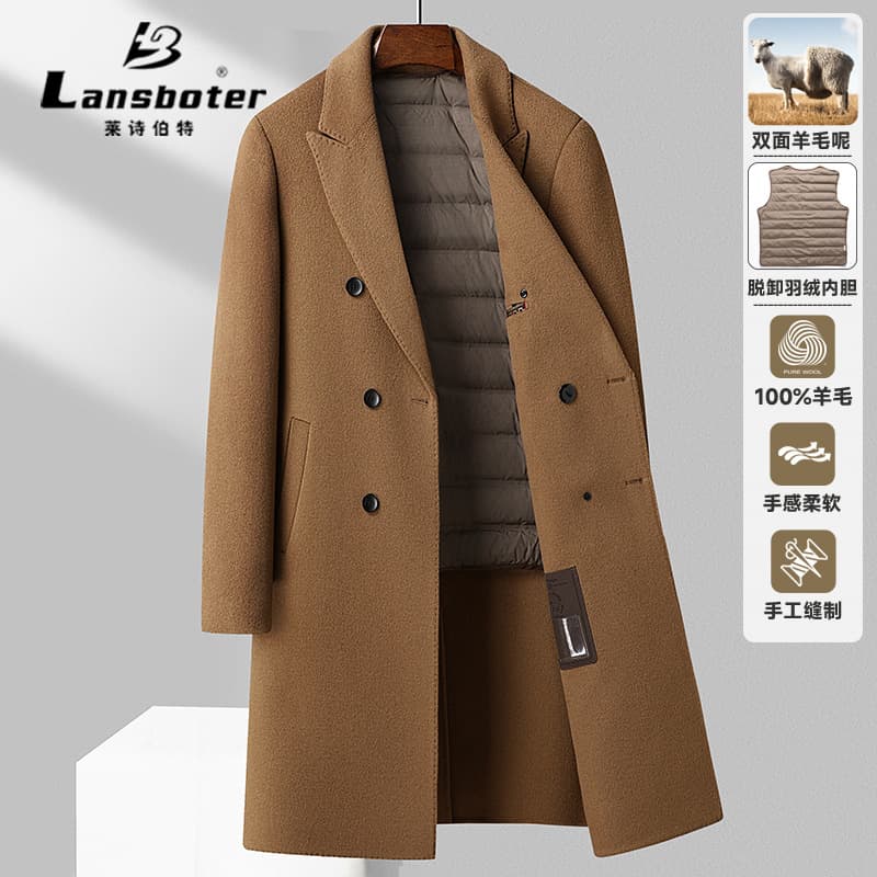 100% Wool Double-Breasted Overcoat, Knee-Length, 2025 Autumn/Winter Men's Down-Lined Double-Faced Wool Coat