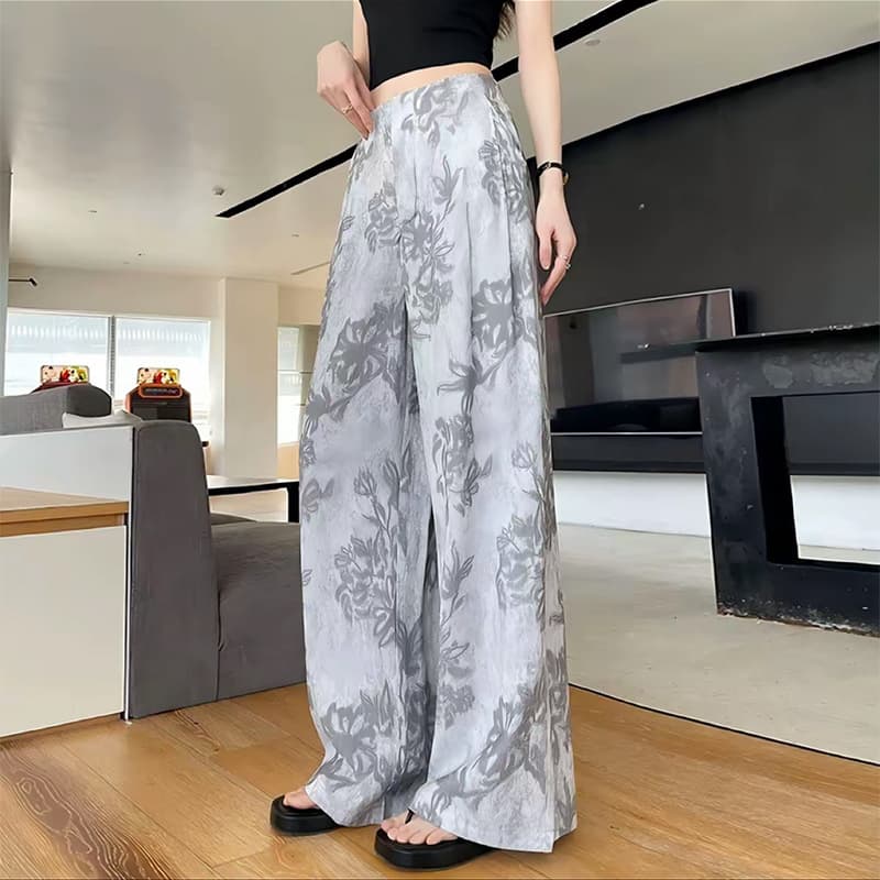 Bodhi Flower Home Cotton Silk Sleep Pants Beach Ankle-Length Pants Plus Size Loose Casual Wide-Leg Pants High-Waist Stroll Pants