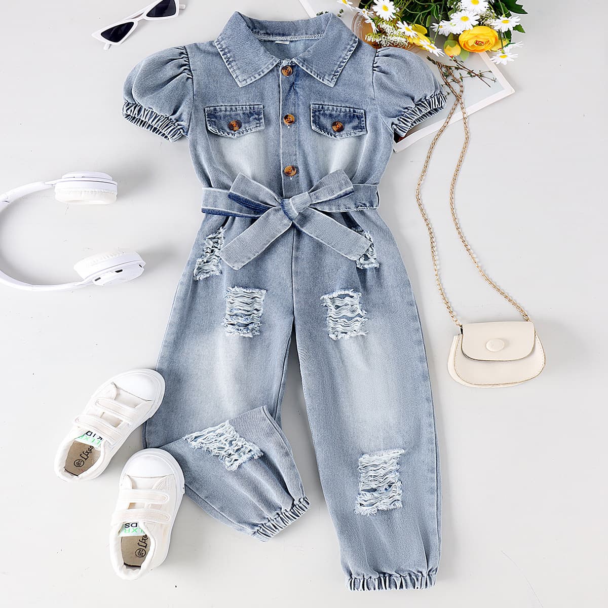 Amazon Cross-Border Spring Summer Autumn New Children's Short Sleeve Turn-Down Collar Washed Denim Bow Belt Girls' Jumpsuit