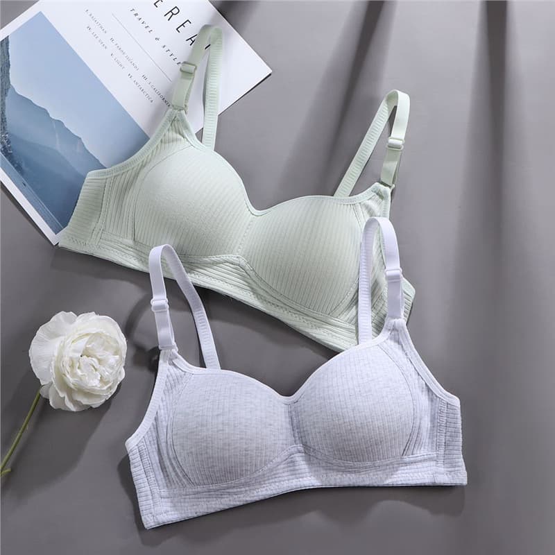 Pure Cotton Underwear for High School Girls, Korean Style Wireless AB Cup Bras, Thin Ribbed Push-Up with Side Boob Control