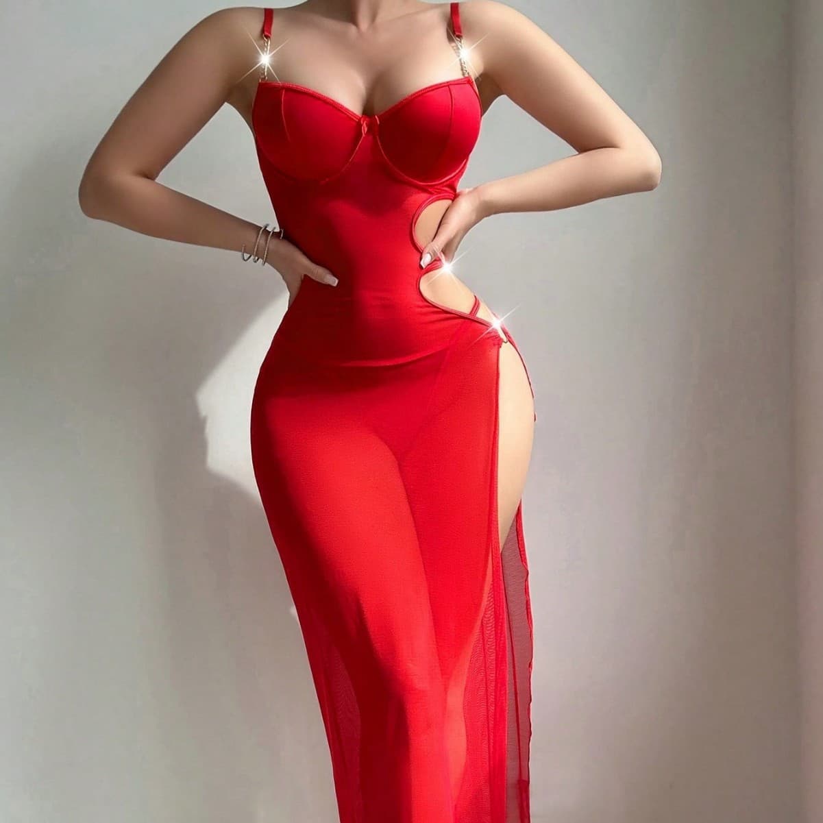 INS Cross-border Europe and America Sexy Red Floral Strap Mesh Long Dress Gown Sheer Lingerie
