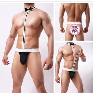 Sexy Lingerie Men's Elegant Bow Tie Butler Briefs Large Pouch Three-Point Thong T-Back