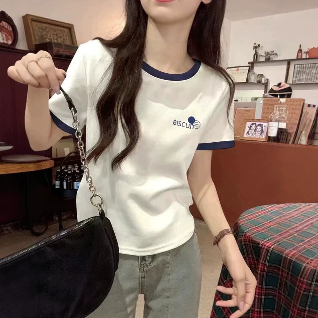 Pure Cotton Short-Sleeve T-Shirt for Women 2026 Summer New Trendy Contrast Color Loose Fitted Regular Shoulder Tee Top